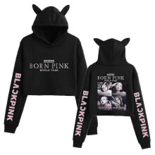 (L, Black B) Black Pink Korean Group Peripheral Printed Casual Navel-baring Cat Ears Sweatshirt For Girls