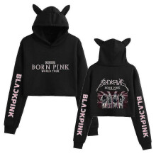 (XL, black) Black Pink Korean Group Peripheral Printed Casual Navel-baring Cat Ears Sweatshirt For Girls