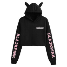 (XS, Black D) Black Pink Korean Group Peripheral Printed Casual Navel-baring Cat Ears Sweatshirt For Girls