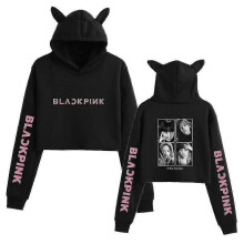 (L, Black A) Black Pink Korean Group Peripheral Printed Casual Navel-baring Cat Ears Sweatshirt For Girls