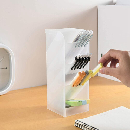 Desk Manager Pen Storage Rack Multi-Compartment Pen Holder Storage Box Stationery Solid Color Translucent for Office 2