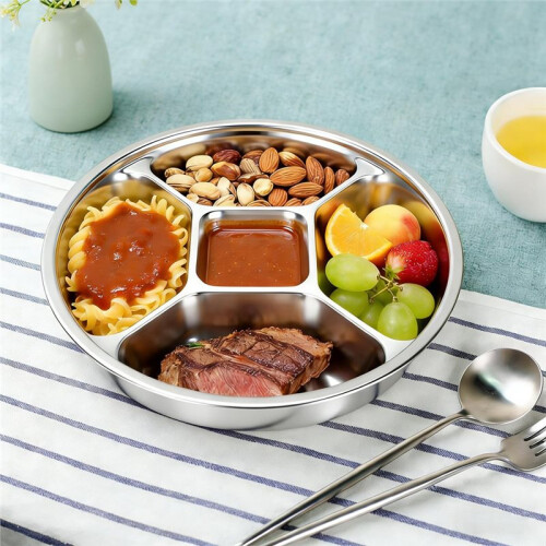 2-Pack Stainless Steel Divided Plates, 5-Section Unbreakable Metal Serving Tray 2