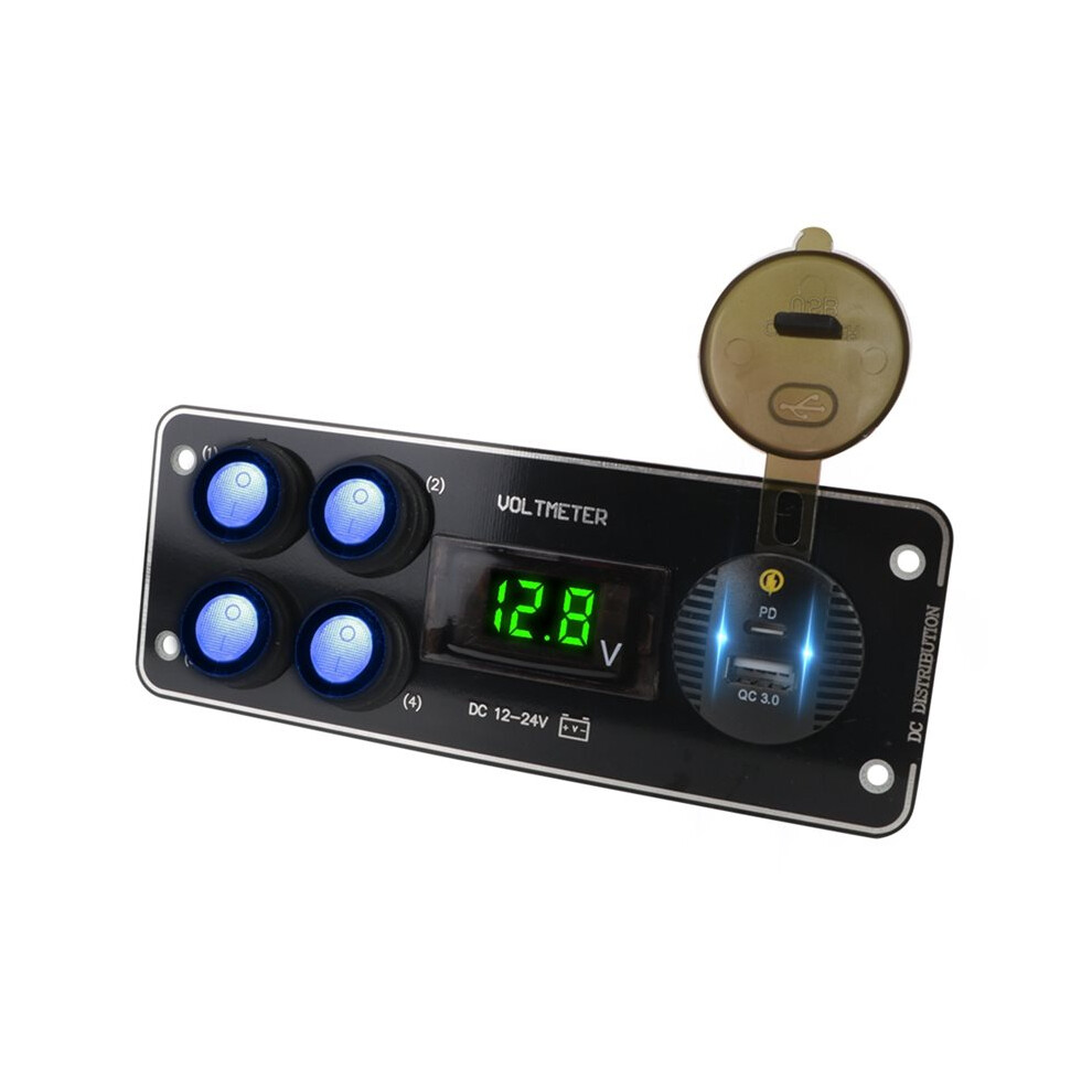 Qc3.0 Car Charger With Voltmeter, Pd, 4-Gang Panel For Car Rv Truck Atv Utv Caravan 12-24V 6032234184830