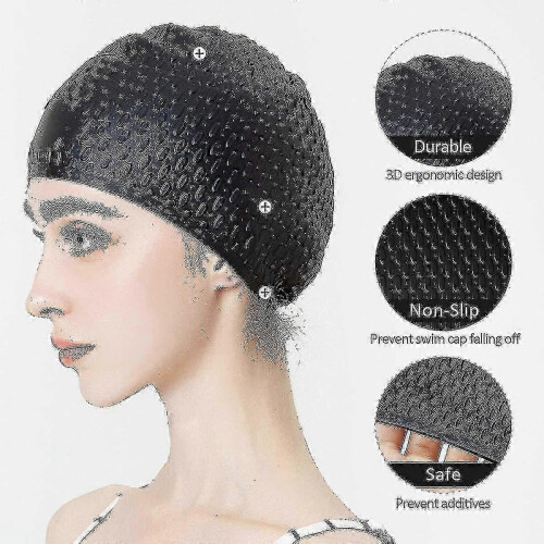 (Black) Silicone Swim Cap,comfortable Bathing Cap Ideal For Curly Short Medium 1