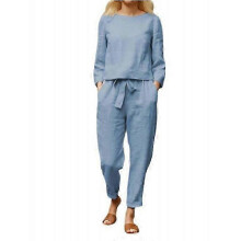 (XS, blue) Women Summer Casual Cotton Outfits Two Piece Suit Set Blouse And Pants Two Piece Trousers Suit Set Half Sleeve T-shirt And Trousers