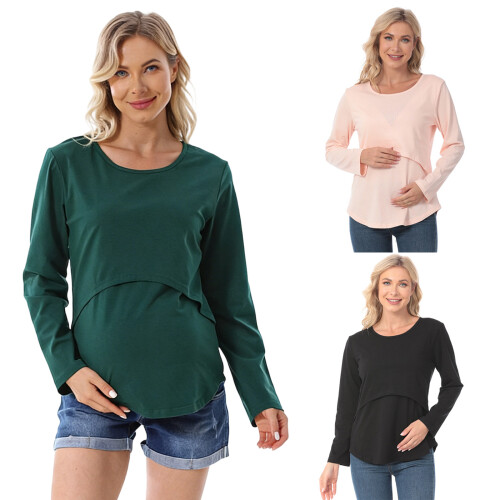 Comfortable Stretch Cotton Blend Maternity Shirt-Green L 2