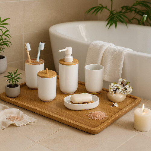 7-Piece Plastic & Bamboo Bathroom Accessories Set 1