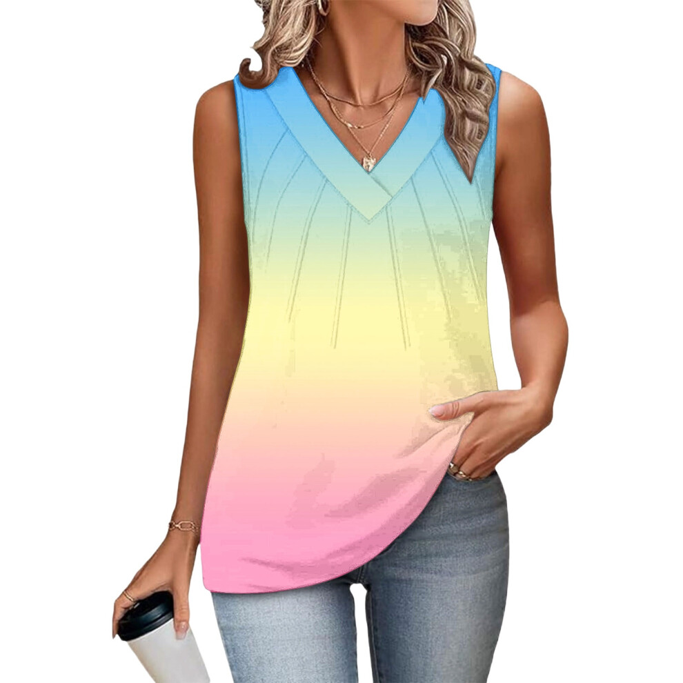 Pink Women's Sleeveless Tops, Loose Fit, V-Neck, Summer,- Xxl
