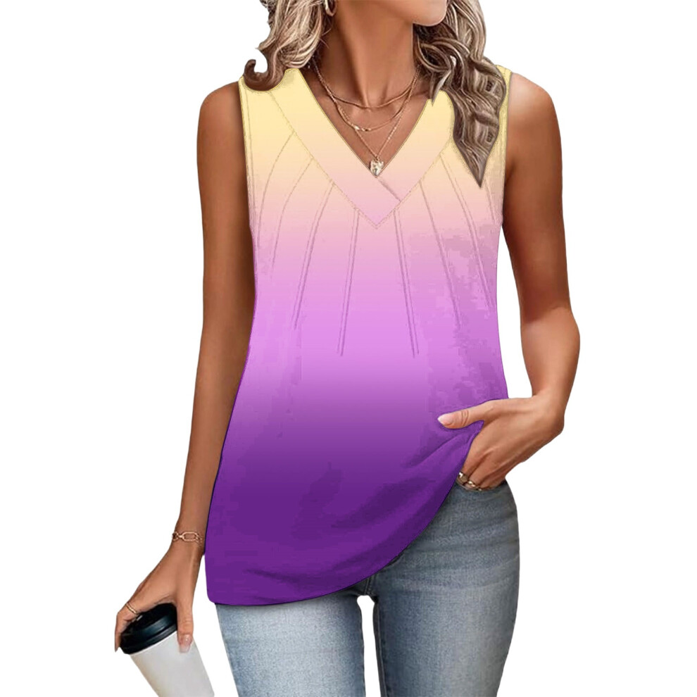 Purple Women's Sleeveless Tops, Loose Fit, V-Neck, Summer,- L