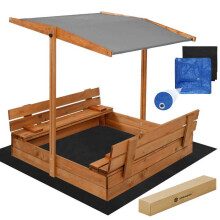 Bac à sable en bois - SPRINGOS - 2026 - Bancs pliables couvercle - Toit réglable gris - Bâche 200x200