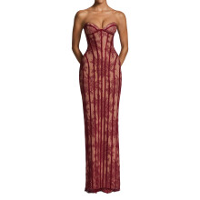 Women Strapless Corset Flower Lace Bodycon Wedding-Burgundy S