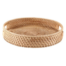 Bandeja de Servicio Redonda de RatáN Bandejas Otomanas Tejidas Decorativas con Asas para Mesa de Centro Natural (PequeñAs)