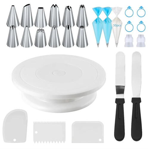 76-Piece Cake Decorating Tool Kit -Non-Slip Turntable for Beginners DIY Cream Cookies Cake Making Bake Tools White