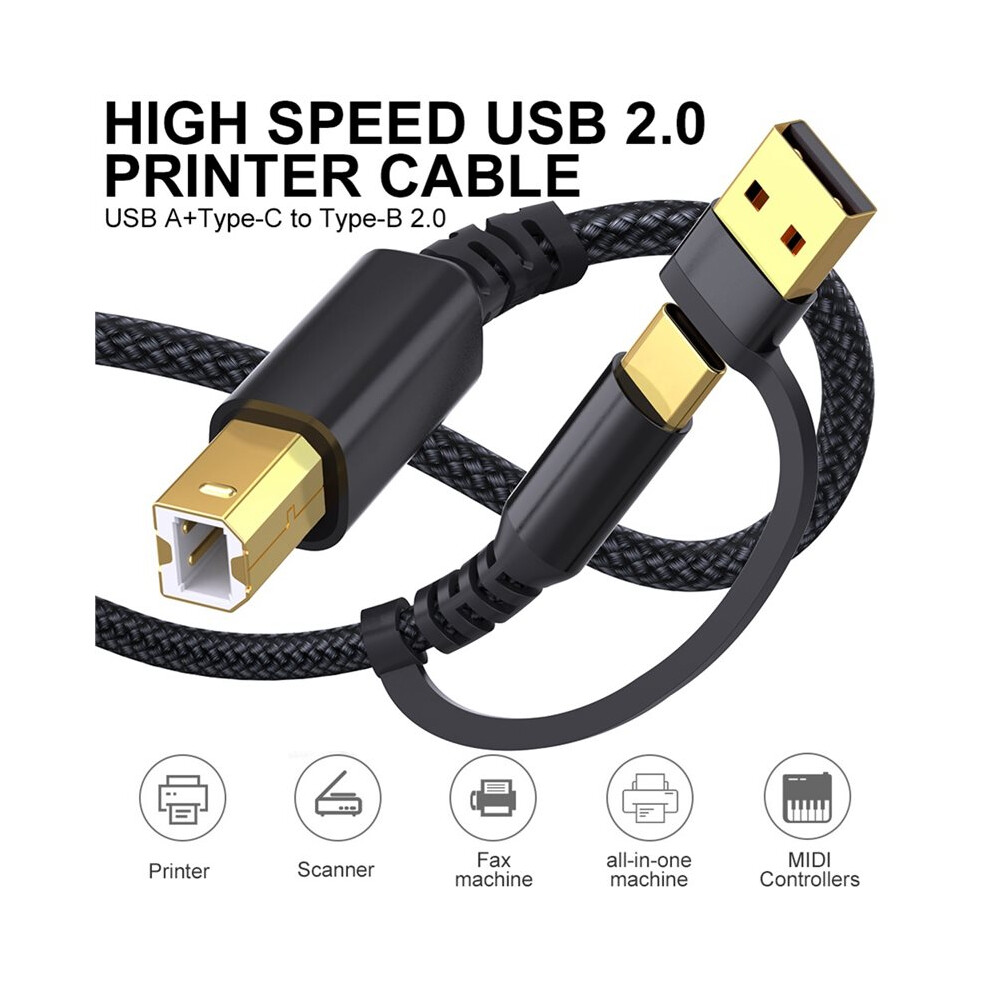 Usb-B To Usb-C/A Printer Cable Plug And ,Nylon Braided Cord For Printers Digital Piano Midi Controllers 6033495047339