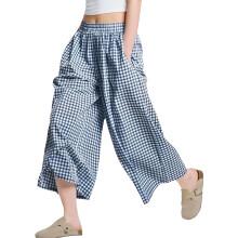 Plaids Pattern Wide Leg Capris Pants Elastic Waist-Blue XXL