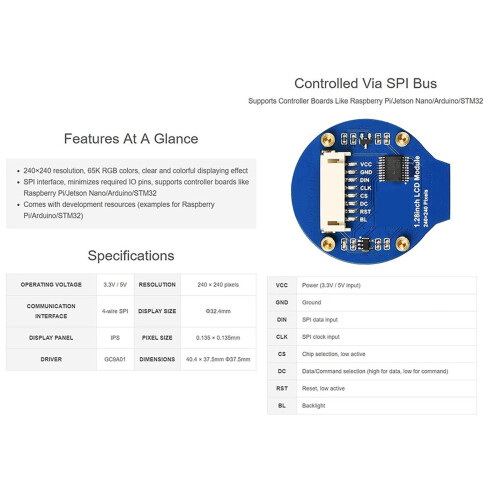 4pcs 1.28Inch Round Display LCD Screen Module GC9A01 SPI Communication RGB 65K Color Support for Raspberry 2