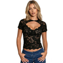 (M, Black) Womens Lace Tops Summer Crew Neck Short Sleeve Cutout Front Slim Fitted See Through Crop Blouse