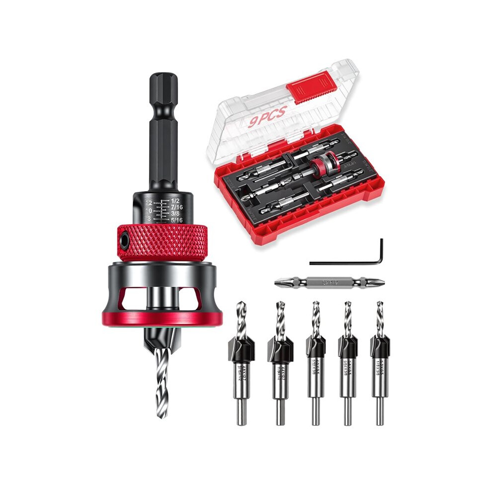 Countersink Drill Bits Set,5Pcs Two-Flute Alloy Tapered Drill Bits And Adjustable Depth Stop Collar,Wood Countersink Bit 4711634147738