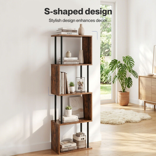 Levede 5-Tier Bookshelf S-Shaped Geometric Tall Bookcase Storage Unit Walnut 1