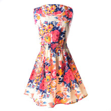 Lady's Sleeveless O-neck Flower Printed Casual Dress-- flower Asian XL/US L