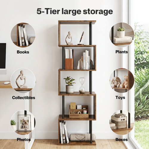 Levede 5-Tier Bookshelf S-Shaped Geometric Tall Bookcase Storage Unit Walnut 2