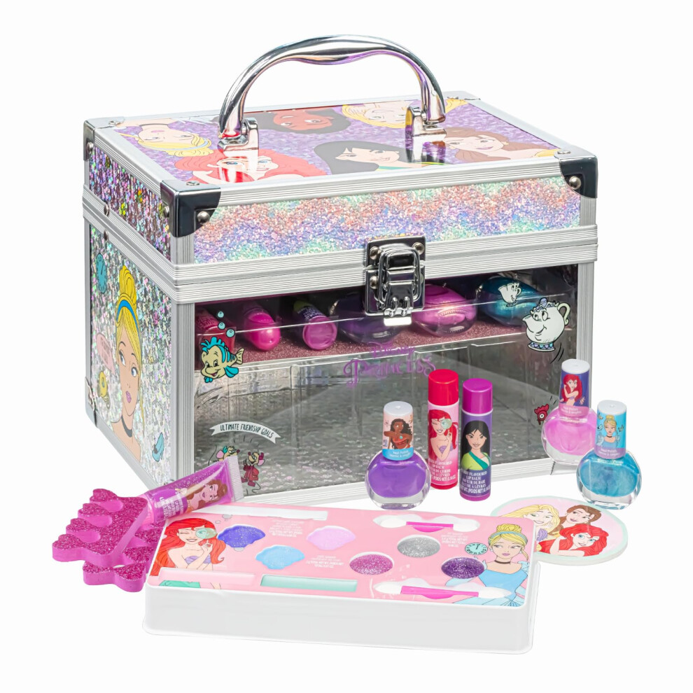 Townley Girl Disney Princess Train Case Makeup Set For Kids | Makeup Kit Includes Lip Gloss, Nail Polish, Accessories & More | Gifts For Ages 3+ By