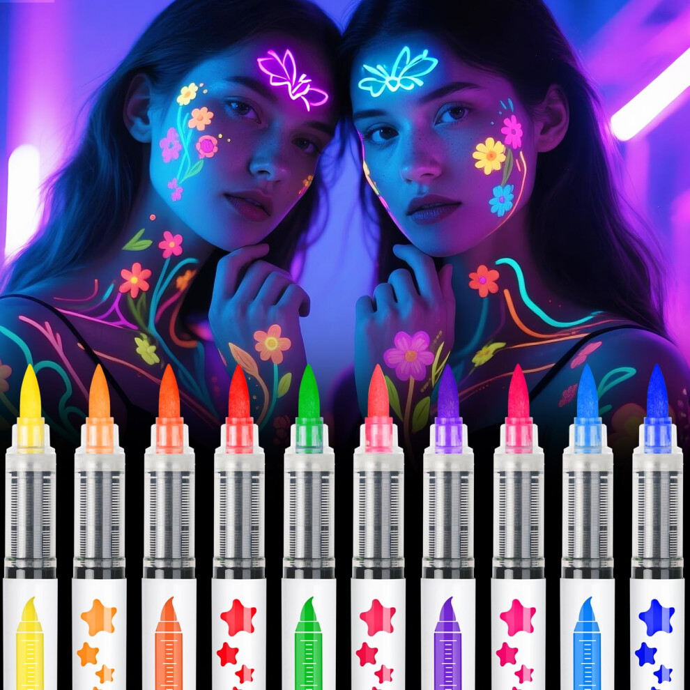 Nsxsu Dark Glow In The Face Paint Pens 10 Color, Neon Face Paint Markers, Uv Body Paint Kit Glow Under Blacklight, Temporary Tattoo Pens For Glow
