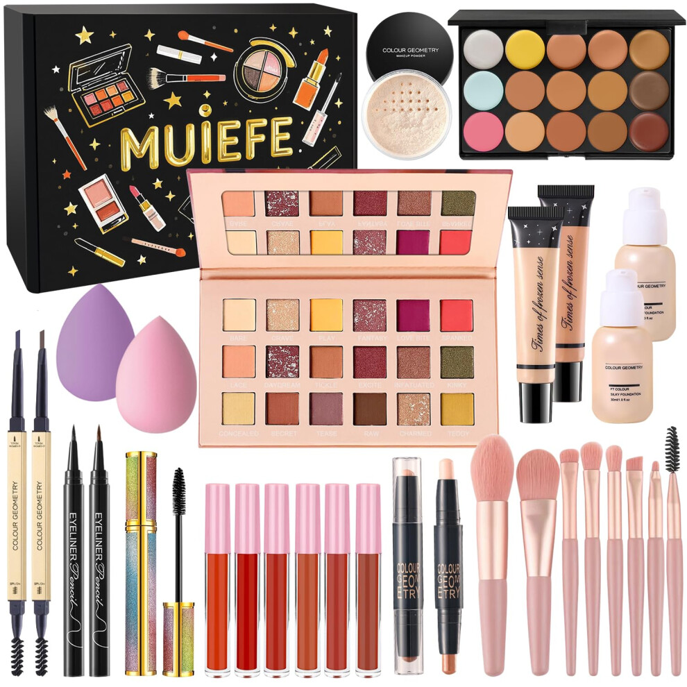 Muiefe Makeup Set, All In One Make Up Starter Kit, Cosmetic Makeup Bundle Include Eyeshadow Palette Foundation Lip Gloss Concealer Eyeliner Mascara,