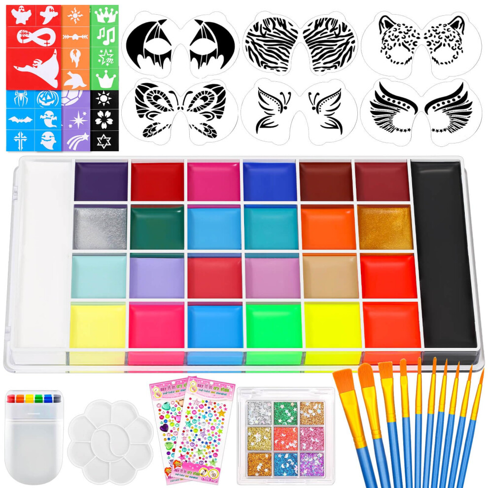 Dynozim Professional Face Painting Kit, 26 Colors Oil Palette Face Paint With 6 Stencils, 41 Stencil Stickers, 10 Brushes, 9 Body Glitter, 2 Sheets Adhesive
