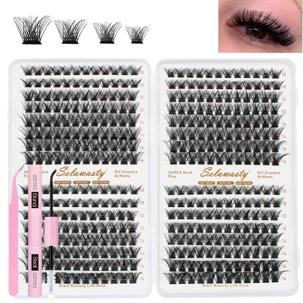 Selawasty Lash Clusters Kit 384Pcs Wispy Natural Cluster Eyelash Extension Kit Diy Lash Extension Kit C-Curly 10-16Mm Eyelash Clusters Volume