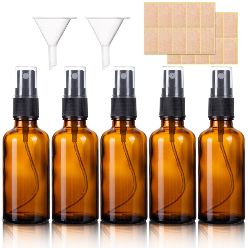 Melliex Amber 5 Pack Glass Spray Bottles, 50Ml Empty Fine Mist Spray Bottle For Cleaning, Perfume, Cosmetic Sprays