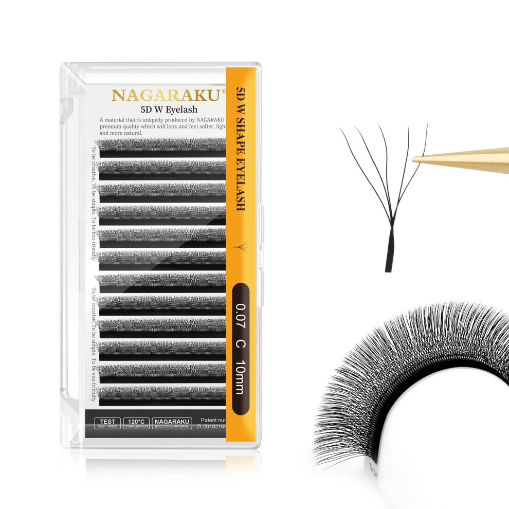 Nagaraku Black 5D Lashes, W Shape Eyelash Extensions 0.07Mm C Curl 10Mm Volume Lashes Hand Woven Long Stem Matte Premade Fans 5 Tips False Eyelash
