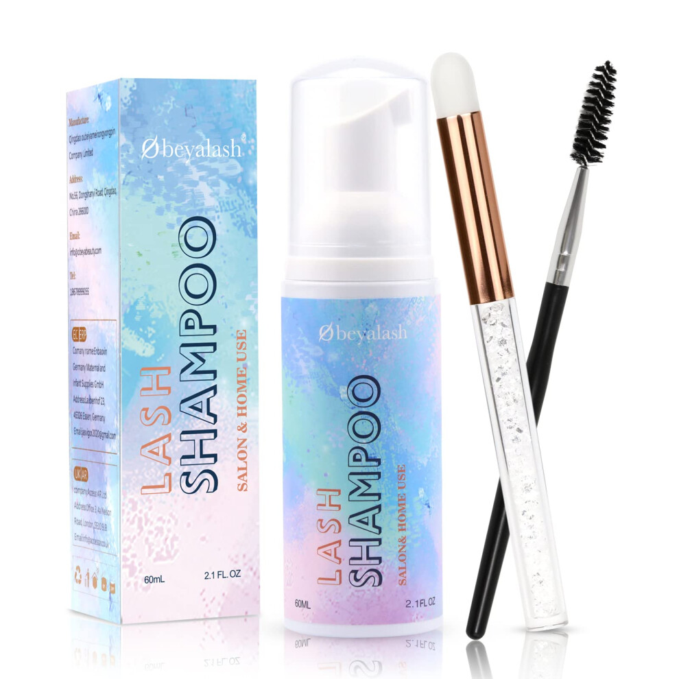 Obeyalash Lash Shampoo For Eyelash Extensions 60Ml/2.1Fl.oz Eyelash Extension Cleanser Lash Extension Shampoo Kit With Brush Foaming Cleanser Eyelash Wash For