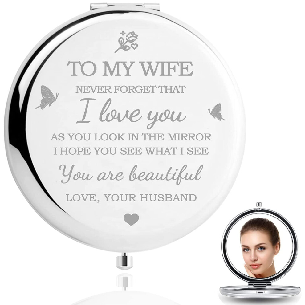 Hzj-Aigo Silver Gifts For Wife-I Love You Wife Gift Compact Mirror-Romantic Gift For Her Birthday,Wedding Anniversary,Valentines Day,Christmas (Silver)
