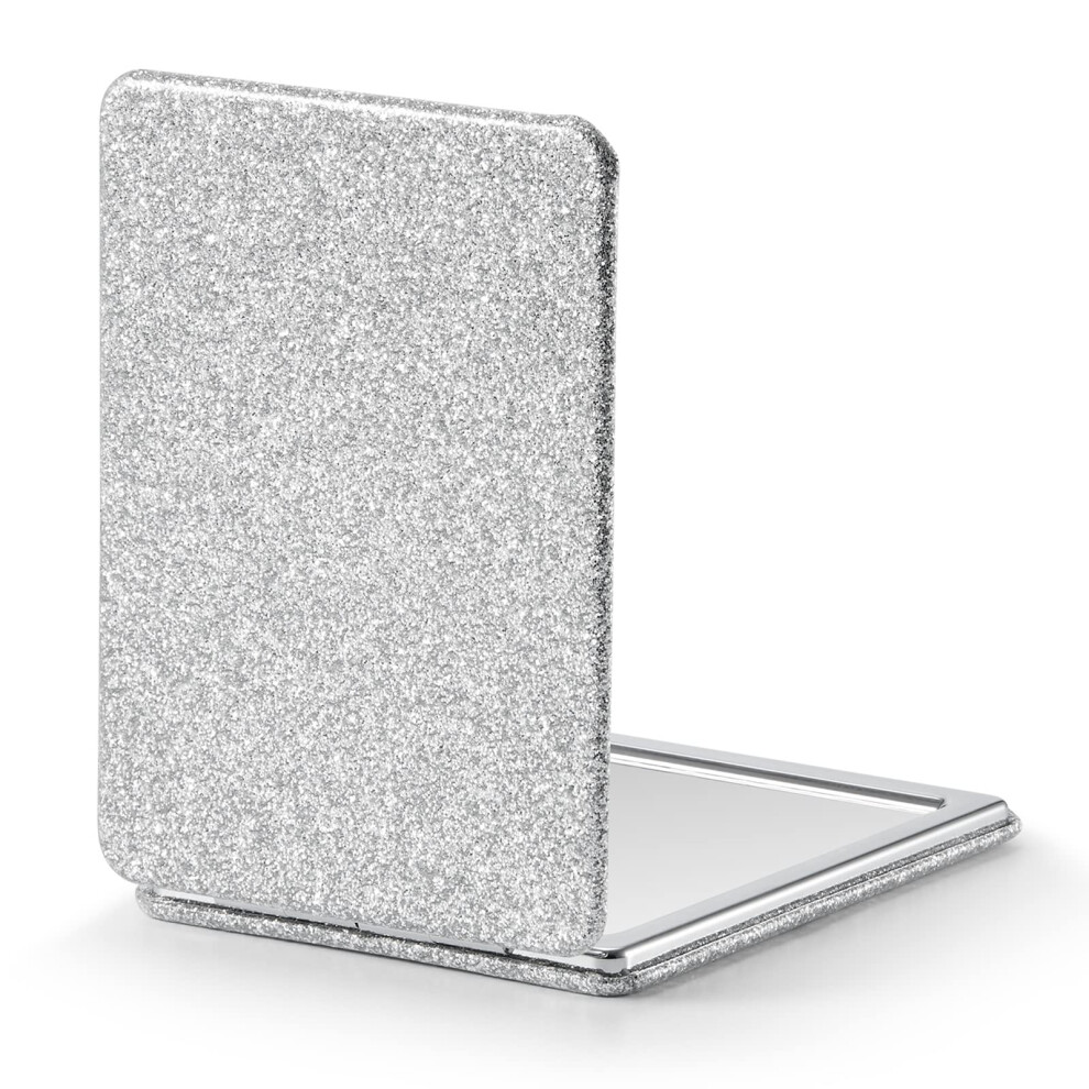 Omiro Silver Compact Mirror With 1X/3X Magnification, 2-Sided With Pu Leather, Pocket Mirror For Wallet, Travel, Gift (Glitter )