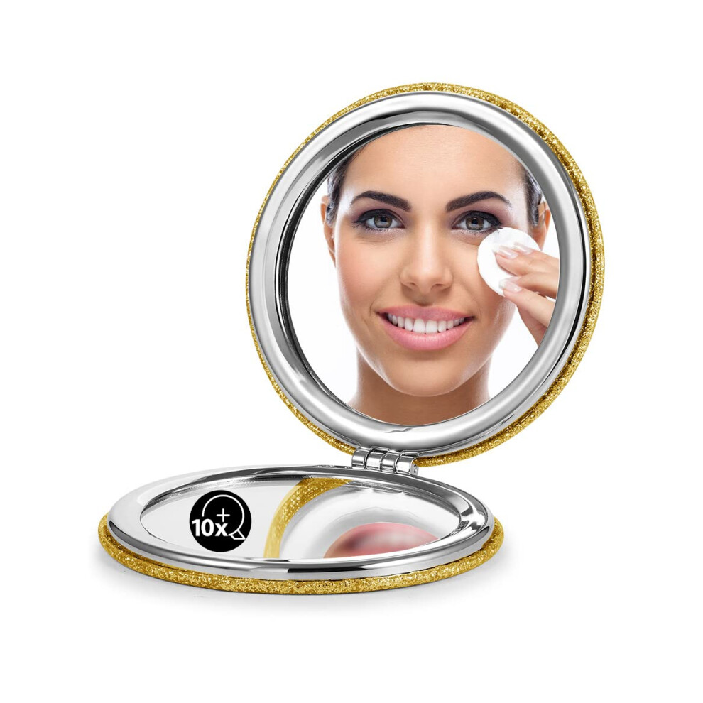 Omiro Gold Compact Mirror With 1X/10X Magnification, Round With Pu Leather, Ultra-Portable For Purses And Travel (Glitter )