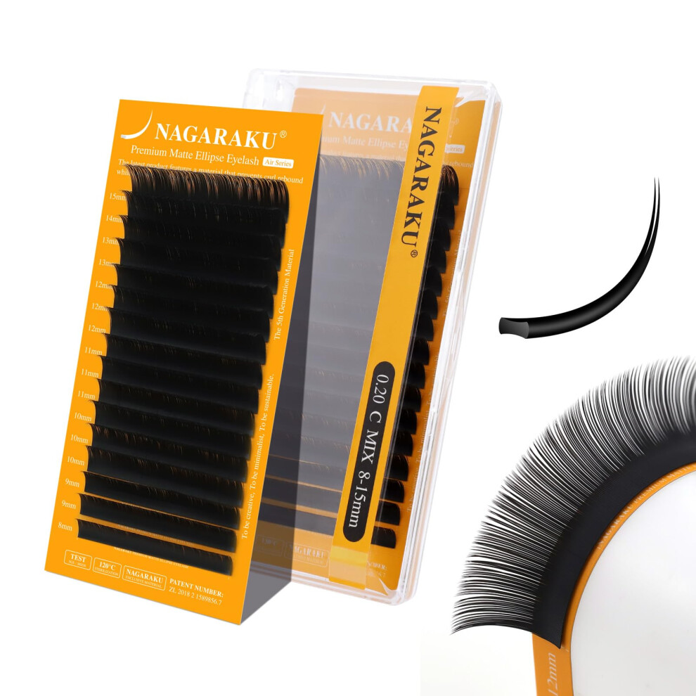 Nagaraku Flat Ellipse Lash, 5Th Gen Air Series Double Tips Eyelash Extensions 0.20Mm C Curl 8-15Mm Mix Length Lighter Thinner Flat Split Tips