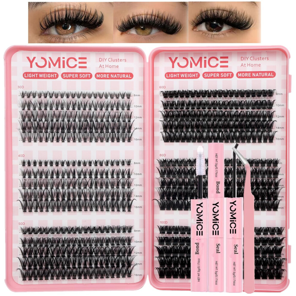 Yomice Individual Eyelashes Wispy Lash Clusters Kit 30-40-50-60-80-100D Cluster Lashes Kit Diy Eye Lashes Fluffy Russian Eyelashes Extensions With