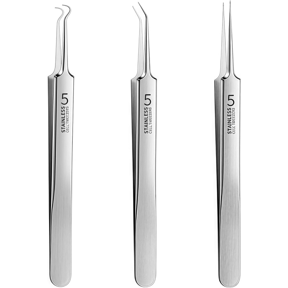 Ssmmam Silver 3Pcs Professional Blackhead Tweezers Set, Facial Blackhead Remover Tools With Precision Tips, Acne Extractor