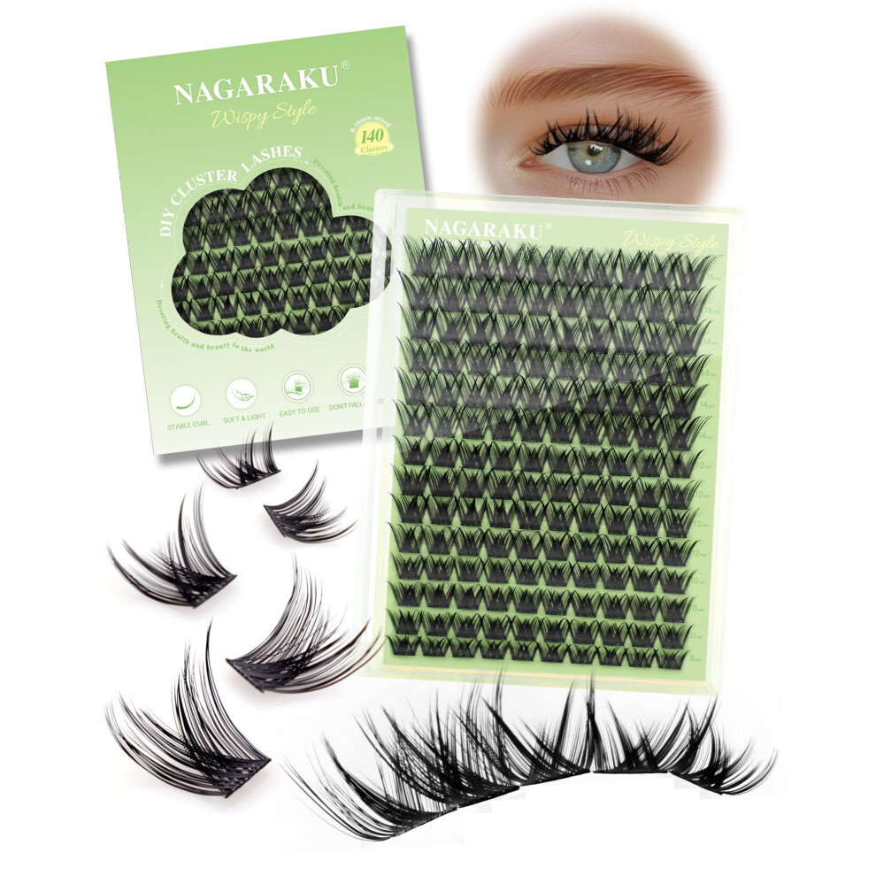 Nagaraku Black Lash Clusters, 140 Clusters Diy Cluster Lashes Wispy Style Eyelash Extensions Volume Thin Band False Lash (Nadiy-004, 0.07Mm C Curl
