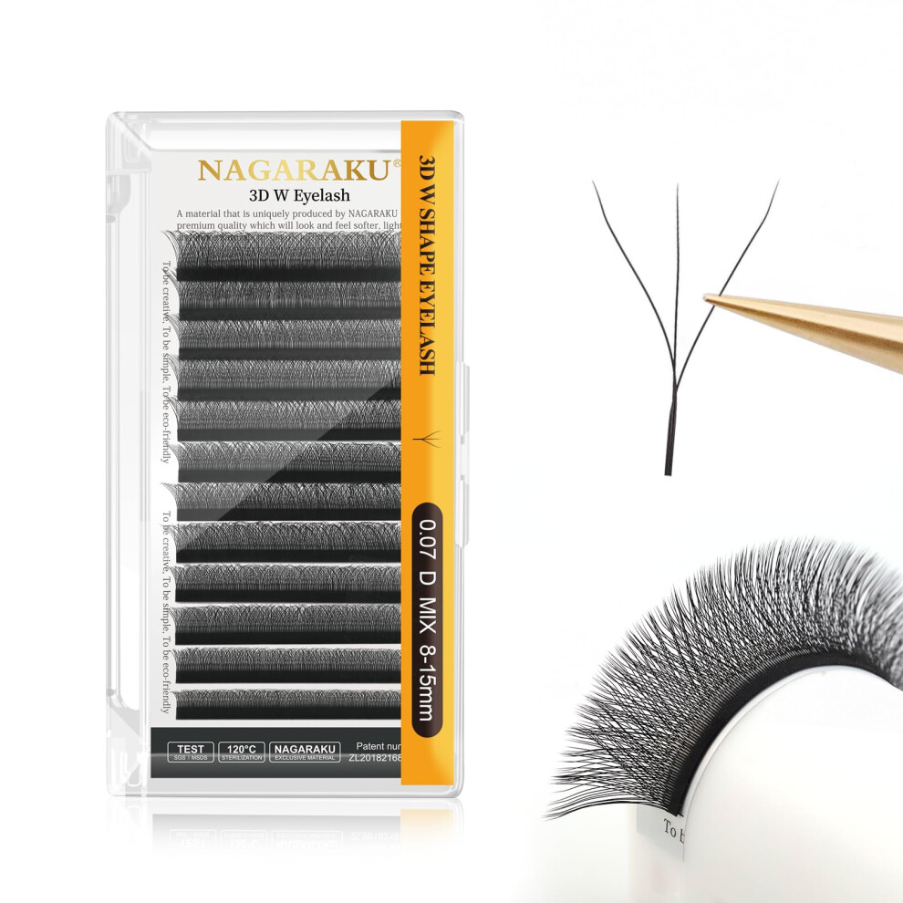 Nagaraku Black 3D Lashes?W Shape Eyelash Extensions 0.07Mm D Curl 15Mm Volume Lashes Hand Woven Long Stem Matte Premade Fans 3 Tips False Eyelash