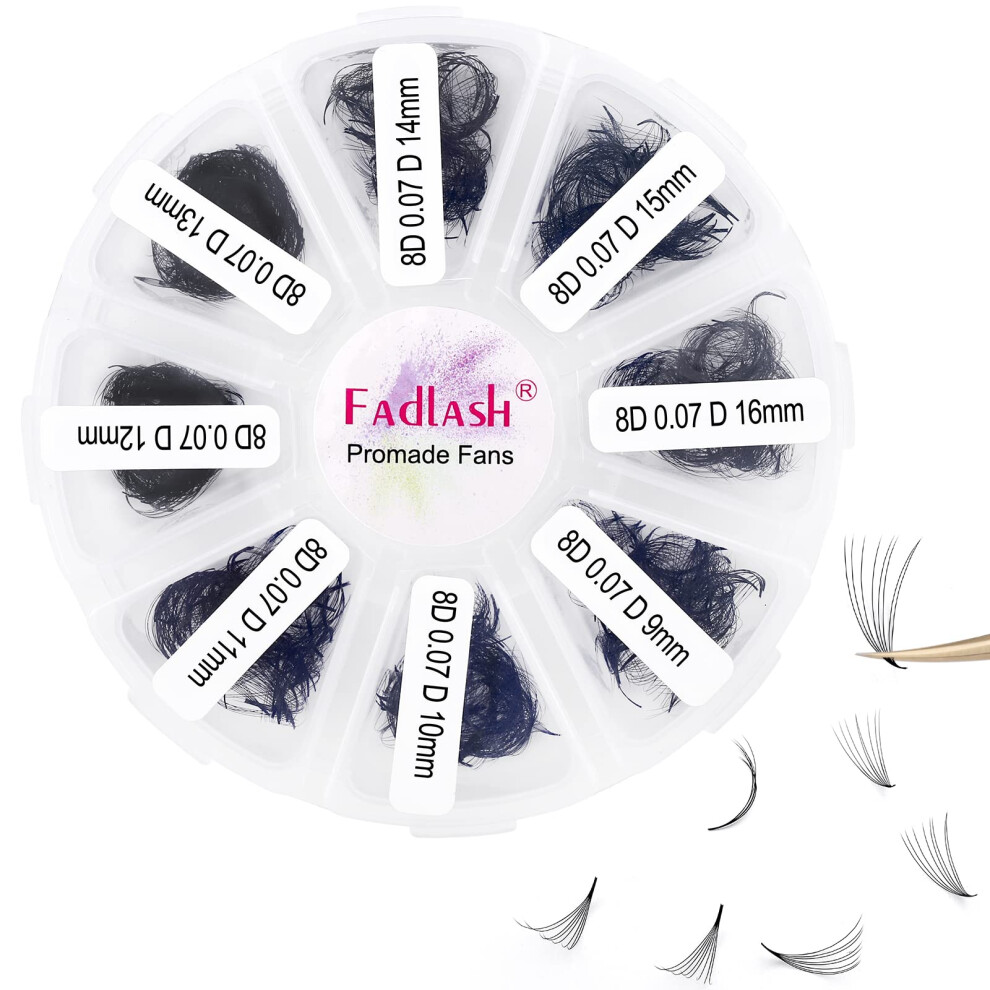 Fadlash Premade Volume Eyelash Extensions 8D 0.07 D Curl 1000Pcs Russian Lashes 9-16Mm Mixed Tray Pre-Made Russian Lashes Handmade Promade Loose Fans