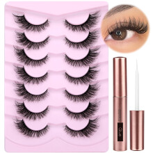 Cat Eye Lashes with Lash Glue Natural False Eyelashes Fluffy Wispy Faux Mink Lashes 15MM Strip Eyelashes Extensions Look, 7 Pairs with 5ML Eyelash