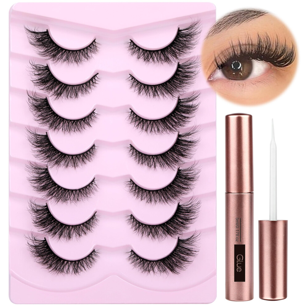 Phkerata Cat Eye Lashes With Lash Glue Natural False Eyelashes Fluffy Wispy Faux Mink Lashes 15Mm Strip Eyelashes Extensions Look, 7 Pairs With 5Ml Eyelash