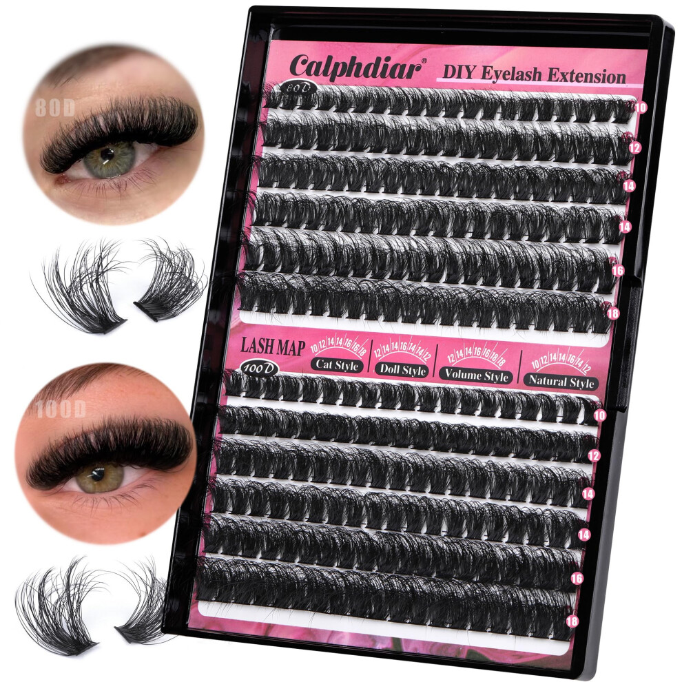 Calphdiar Fluffy Individual Eyelashes 80D+100D Thick Cluster Lashes Wispy Lashes Individual Cluster D Curl Lash Clusters 10-18Mm Russian Eyelash