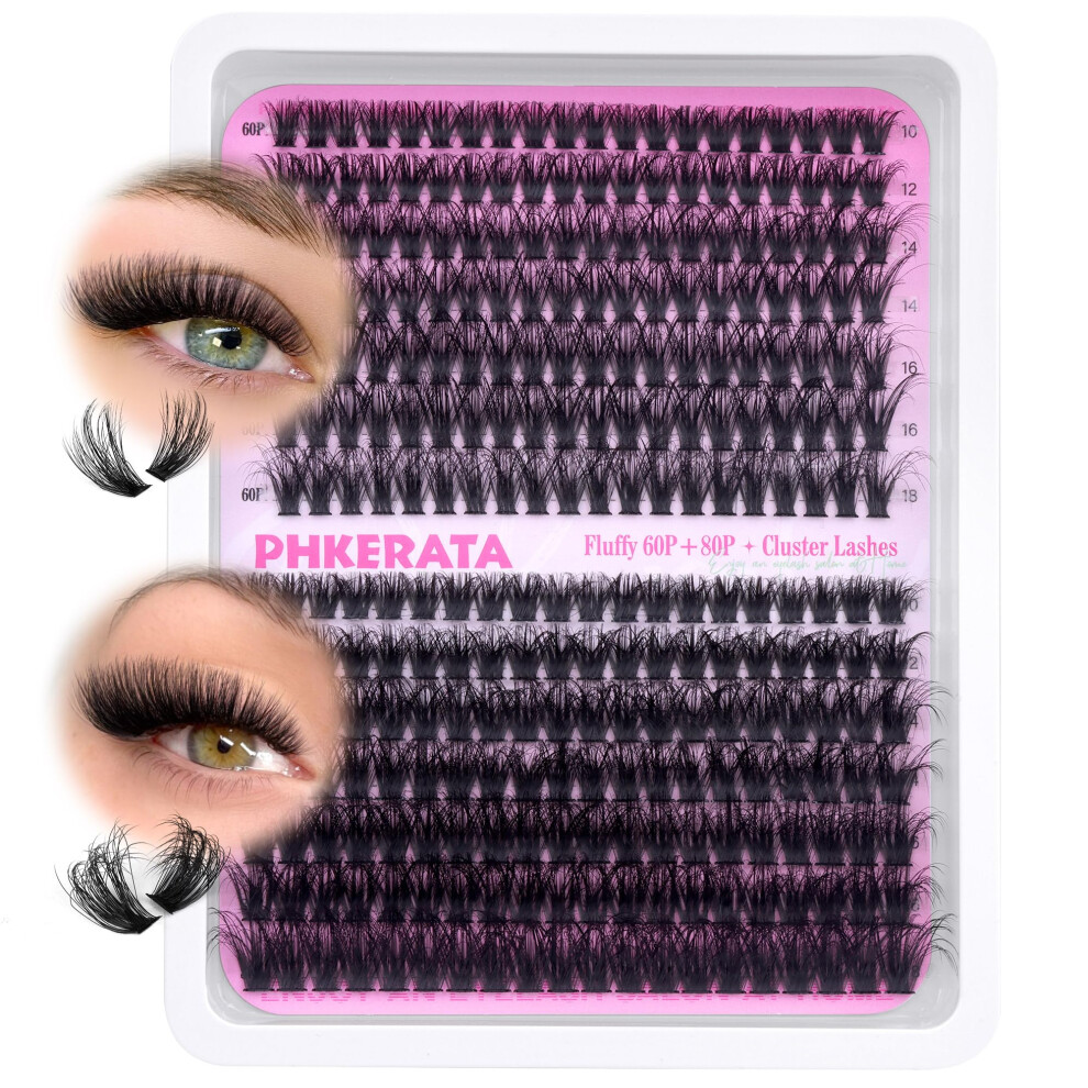 Phkerata Fluffy Cluster Lashes 60P+80P Individual Eyelashes 280Pcs D Curl Eyelash Clusters Russian Lashes Individual Cluster Thick Volume Eyelash Extension