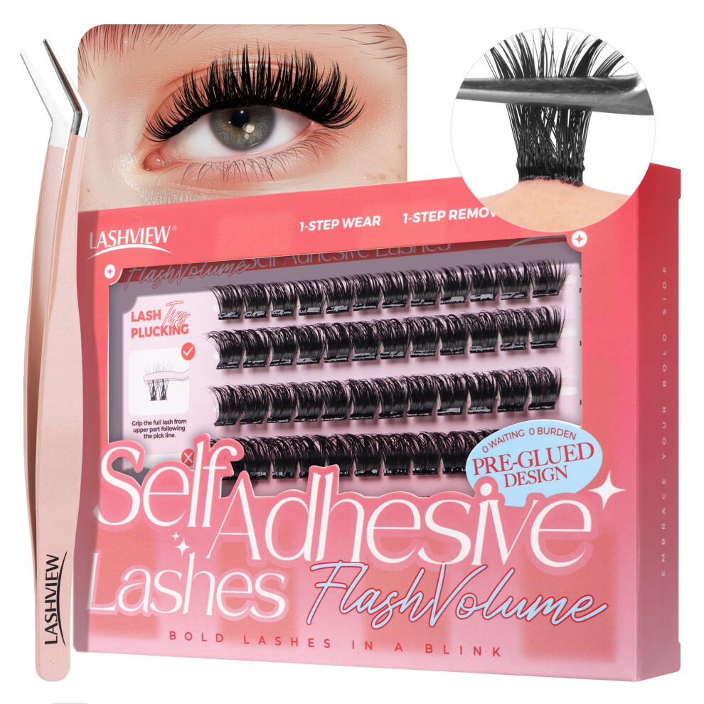 Lashview Self Adhesive Lash Clusters Eyelashes,Press-On Lashes 10-16Mm Individual Lash Extension Kit With Lash Tweezers,No Glue Needed Natural Self