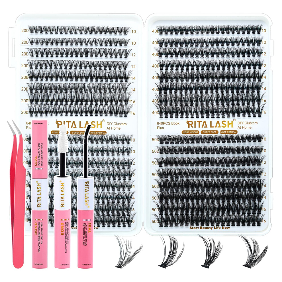 Ritalash Lash Extension Kit Diy 640Pcs Lash Clusters Eyelash Extension, 10-16Mm Individual Lashes With Lash Bond And Seal, Tweezers For Self Use