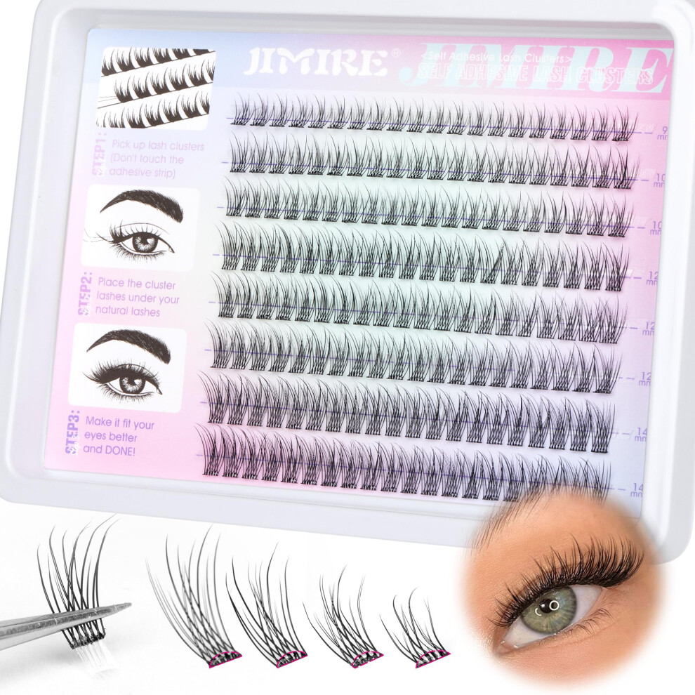 Jimire 160Pcs Self Adhesive Eyelashes Natural Look 9-14Mm Wispy Pre Glued Cluster Lashes No Glue Needed Press On Lashes Reusable Self Adhesive Eyelash