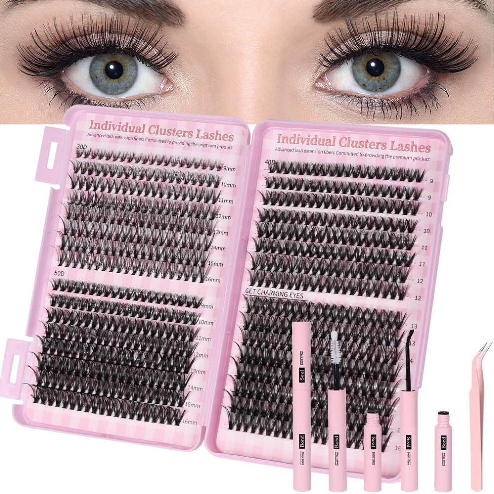 Aomig Wispy Cluster Lashes, 540Pcs Individual Cluster Lashes Extensions Mixed Trays 9-16Mm, Natural Lash Extensions Kit (30D+40D+50D)